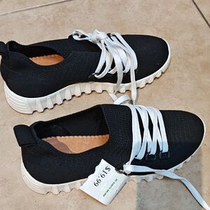 Black and White Low-Top Sneakers with Knit Upper